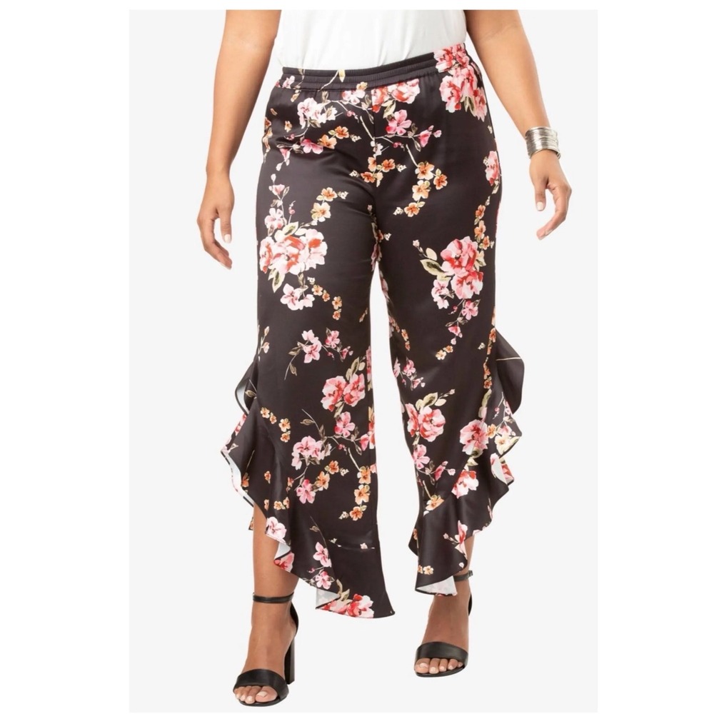 Roamans Black Floral Satin Ruffle Hem Wide Leg Pants Plus Size 18W Elastic Waist